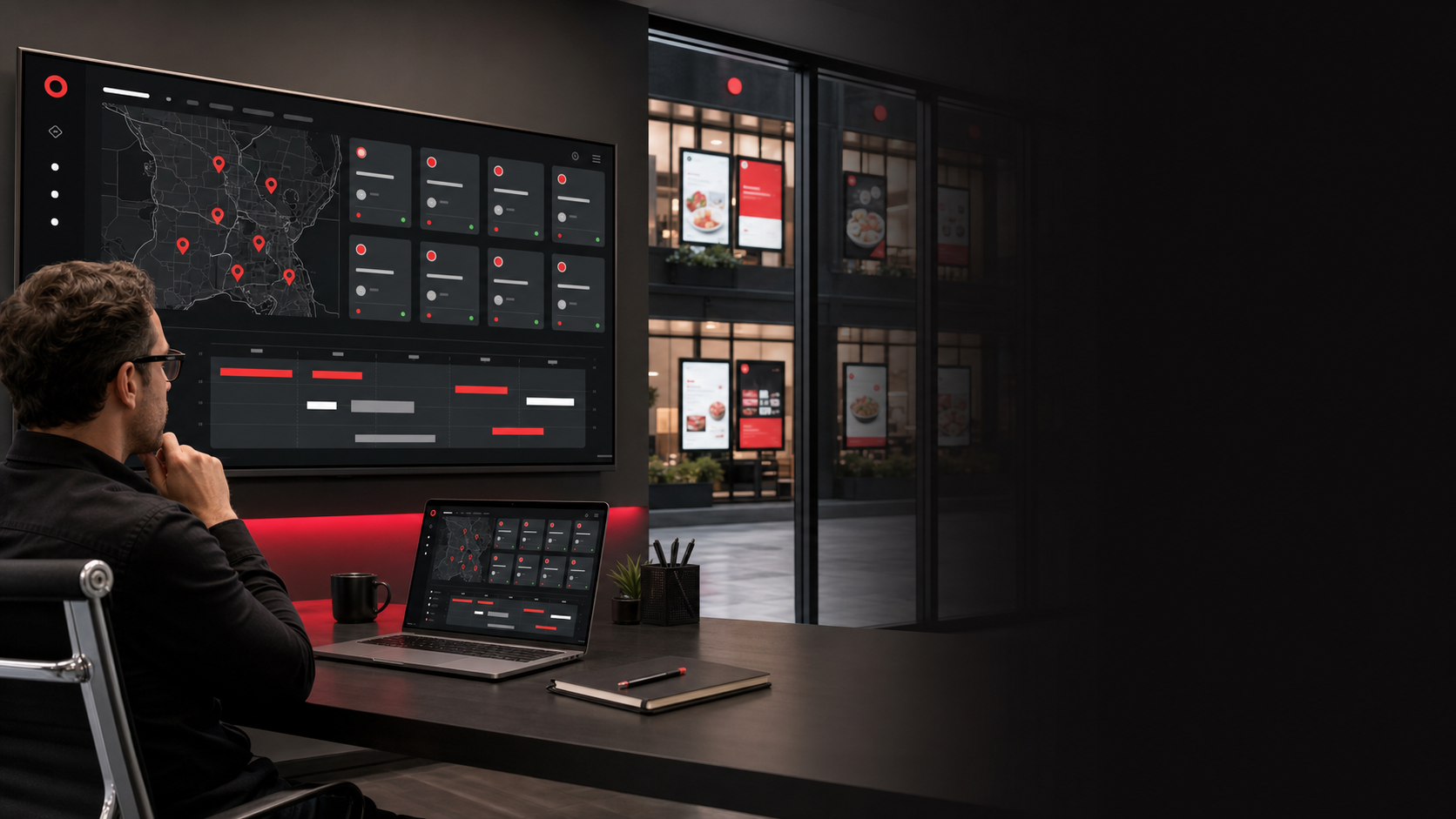 A manager monitoring a multi-location digital signage network
